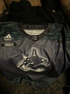 Men's Vancouver Canucks Quinn Hughes #43 2021 Armed Forces Night Camo Warm-Up Jersey photo review